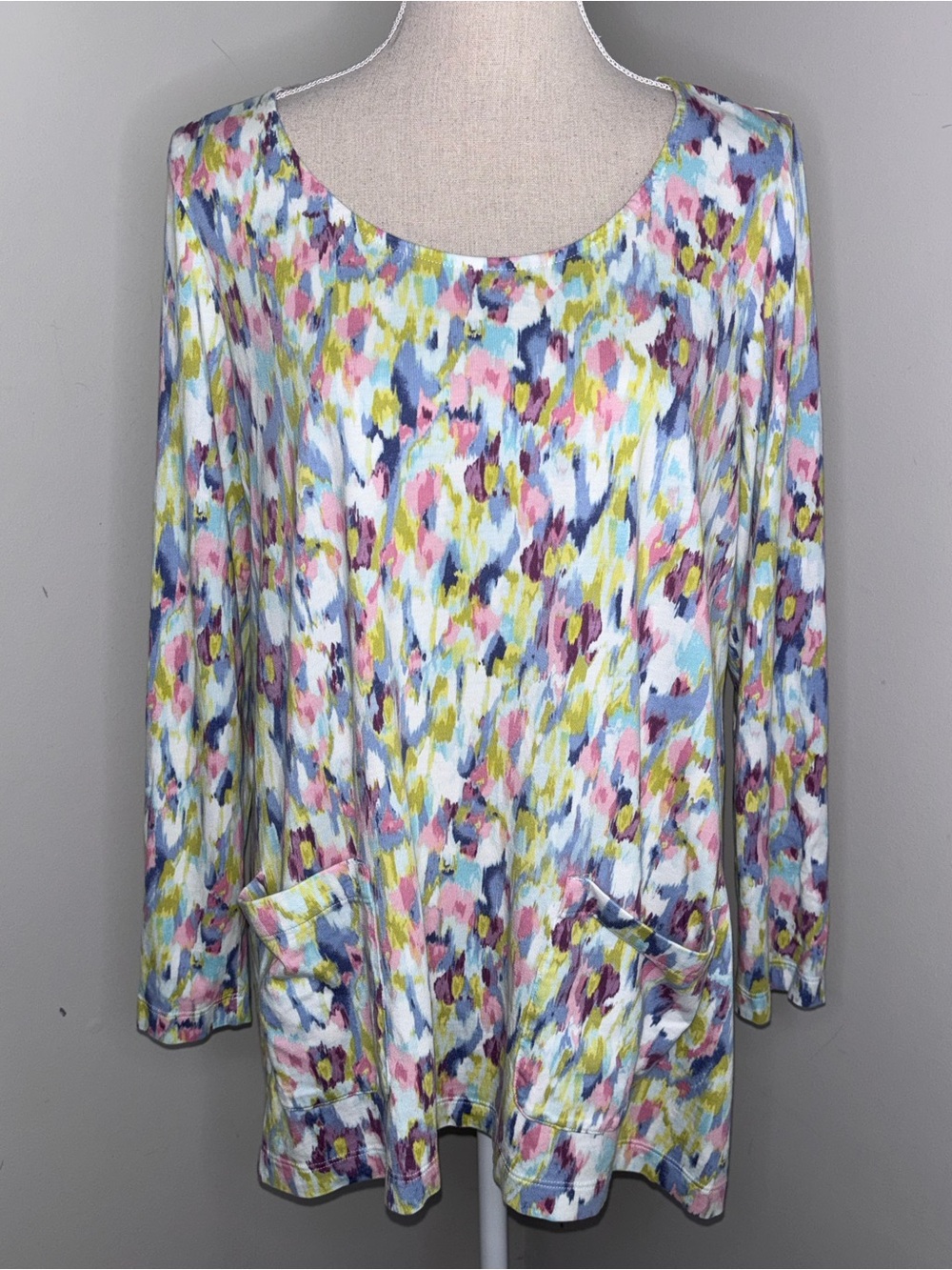 J Jill Pure Jill brushstrokes pink periwinkle green long sleeve tunic top Large